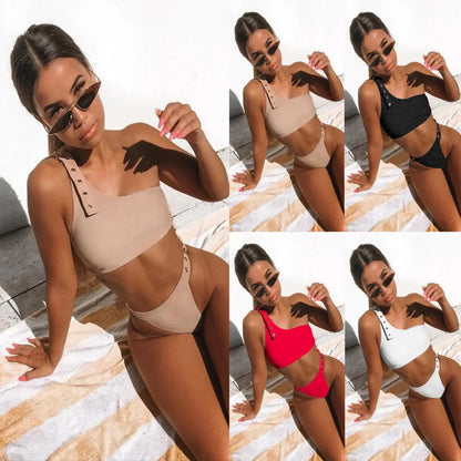 One-Shoulder Solid Color Cutout Women's Bikini