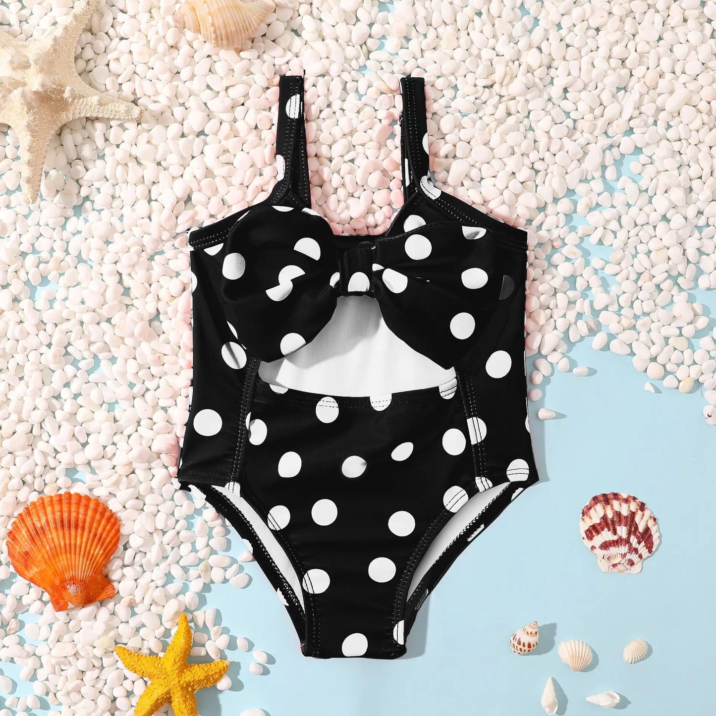 Girls' Polka Dot Backless Swimsuit with Bow